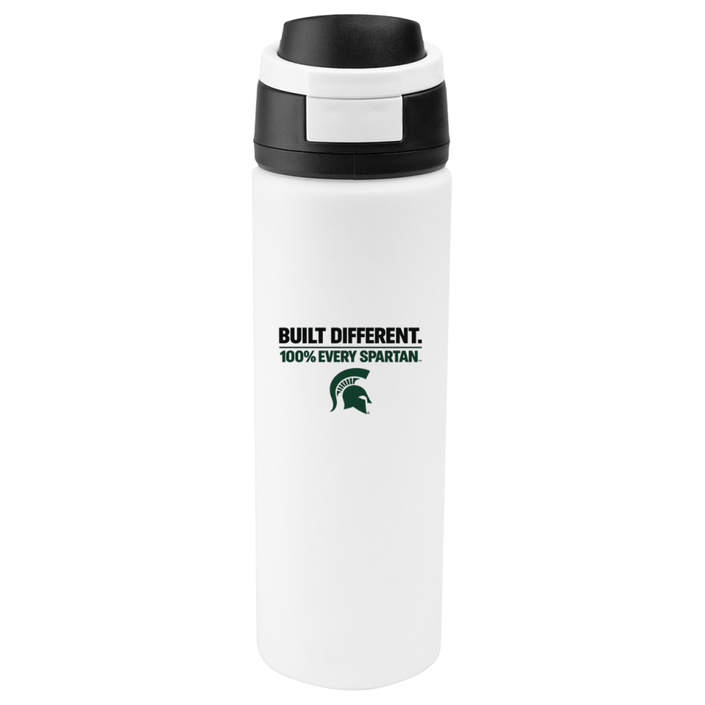 White water bottle with black lid and Spartan logo, labeled “Built Different. 100% Every Spartan.”