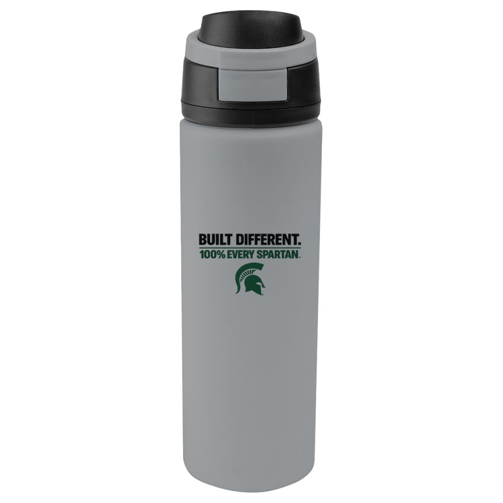 Gray insulated water bottle with black lid and Spartan logo text on the front