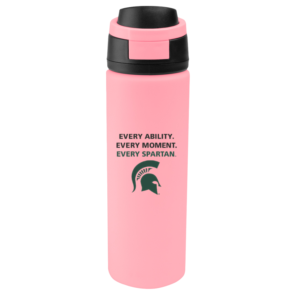 Pink Spartan-themed water bottle with black lid and 