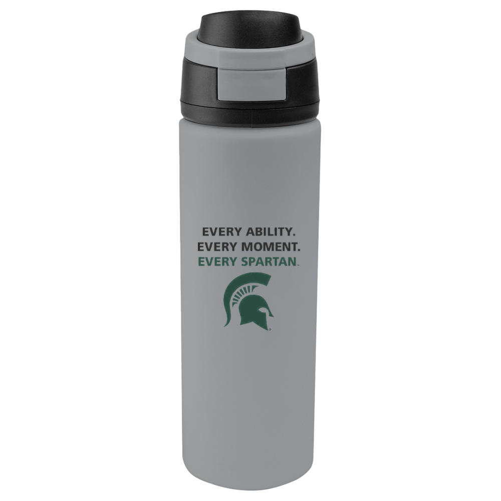 Gray insulated water bottle with black lid and Spartan logo and text on the front