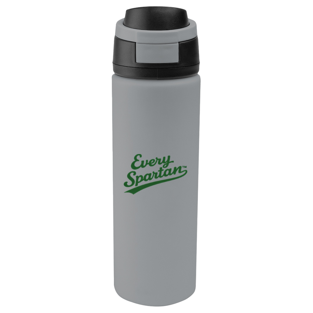 Gray insulated water bottle with black lid and green “Every Spartan” logo