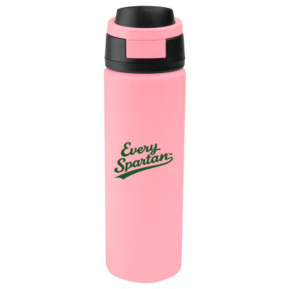 Pink reusable water bottle with black cap and “Every Spartan” logo