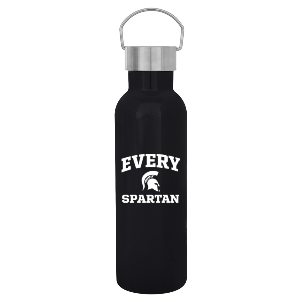 Black water bottle with silver cap and “EVERY SPARTAN” text and Spartan helmet logo.