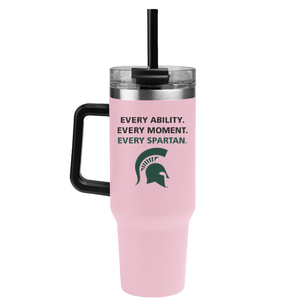Pink Spartan tumbler with black lid and straw, featuring “Every Ability. Every Moment. Every Spartan.”