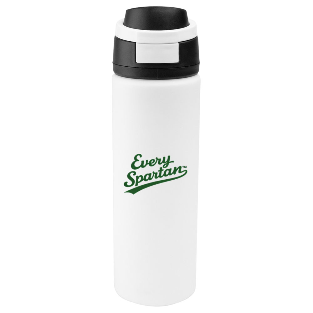 White travel mug with black lid and green 