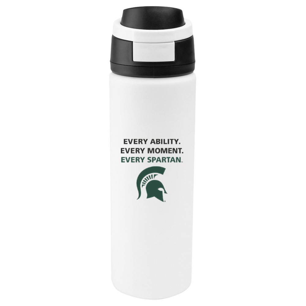 White water bottle with black lid and green Spartan logo, reading “Every ability. Every moment. Every Spartan.”