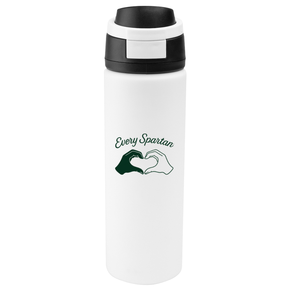 White insulated water bottle with black cap and green 
