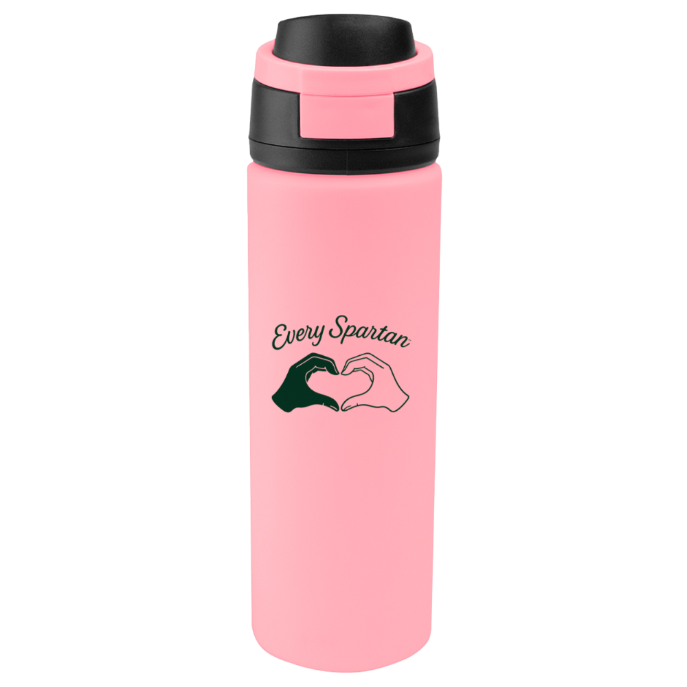 Pink insulated water bottle with black lid and “Every Spartan” logo.
