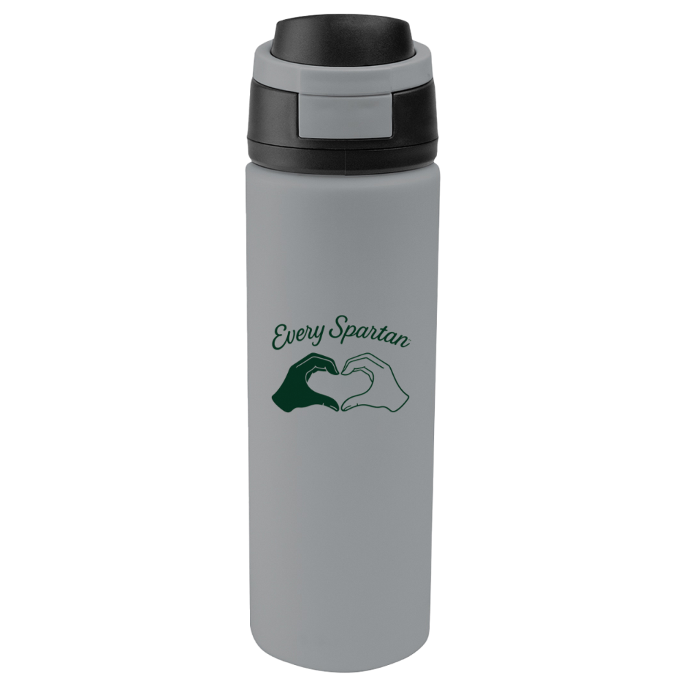 Gray insulated water bottle with black lid and green “Every Spartan” heart logo