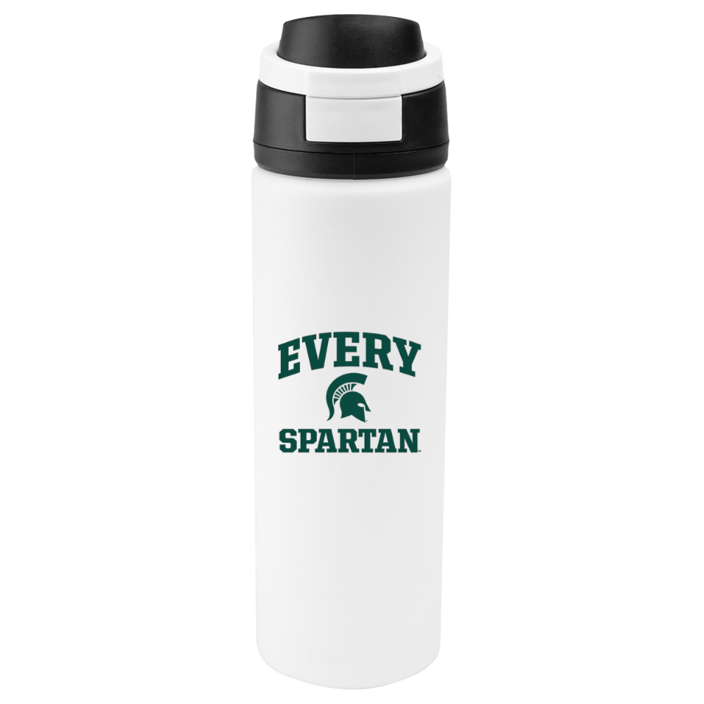 White insulated water bottle with black lid and green “EVERY SPARTAN” text