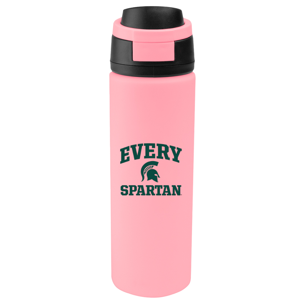 Pink insulated water bottle with black lid and the words “EVERY SPARTAN” printed on it