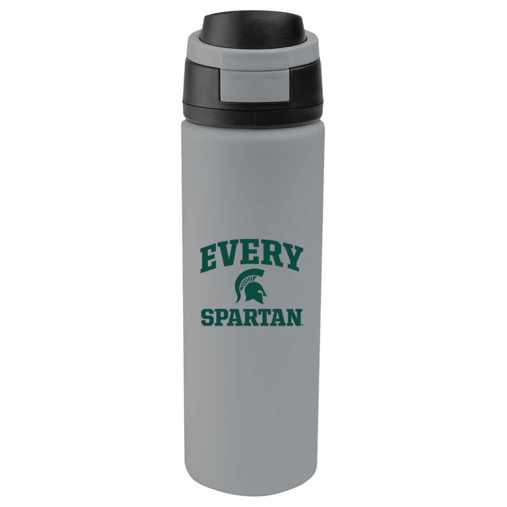 Gray water bottle with black lid and green “EVERY SPARTAN” text