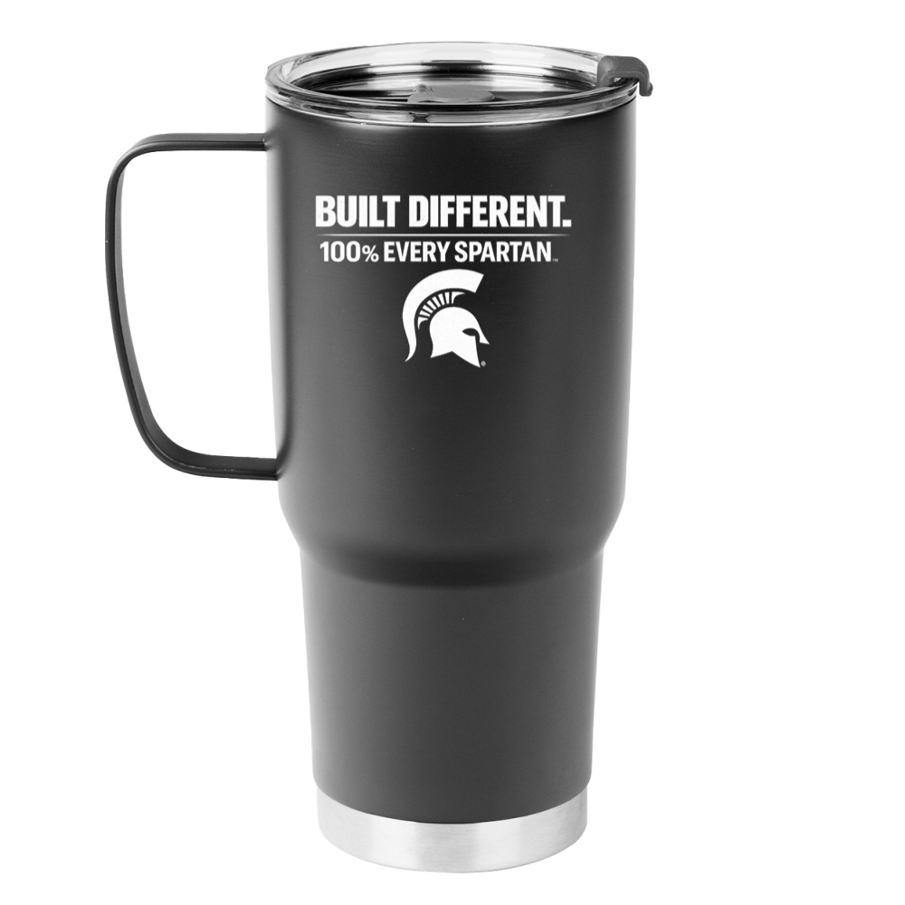 Black travel mug with handle and silver base, printed with “BUILT DIFFERENT. 100% EVERY SPARTAN.” and Spartan logo
