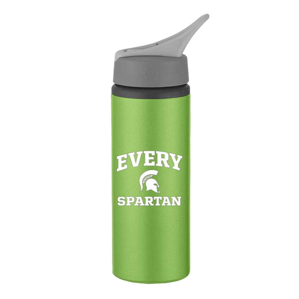 Green water bottle with gray flip-top lid and “EVERY SPARTAN” logo.
