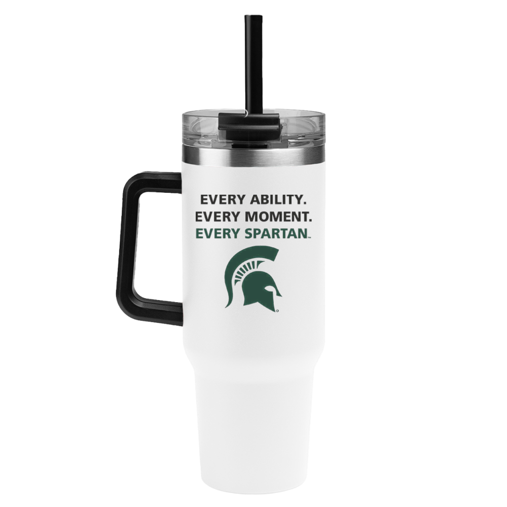 White tumbler with black lid and Spartan logo reading “Every ability. Every moment. Every Spartan.”