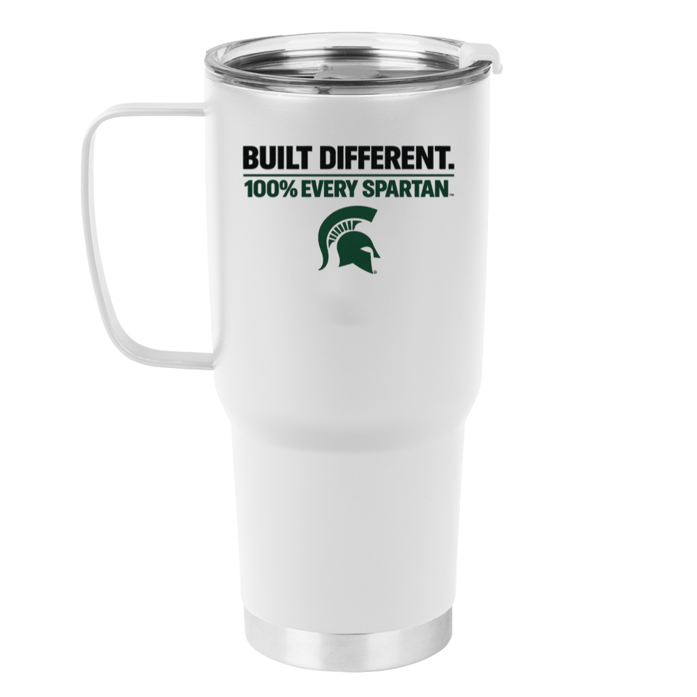 White travel mug with handle and Michigan State Spartans logo, text reading “BUILT DIFFERENT. 100% EVERY SPARTAN.”