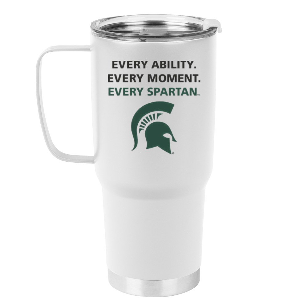 White insulated travel mug with handle, Spartan logo, and text: “Every Ability. Every Moment. Every Spartan.”