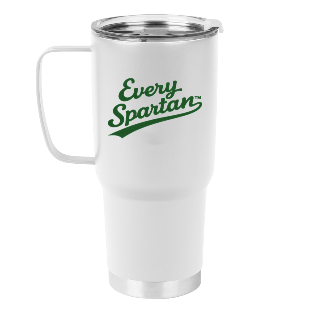 White travel mug with green “Every Spartan” logo and a clear lid