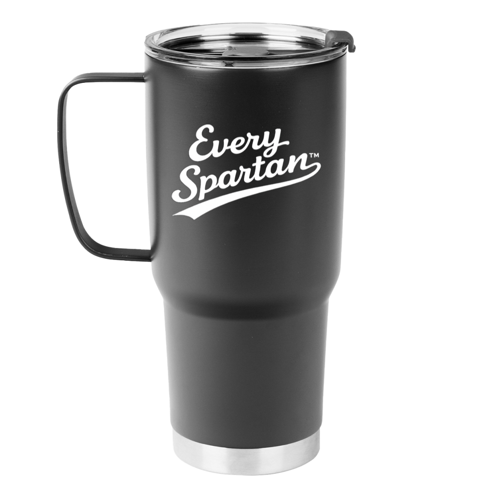 Black stainless steel travel mug with handle and white “Every Spartan” logo on the front.