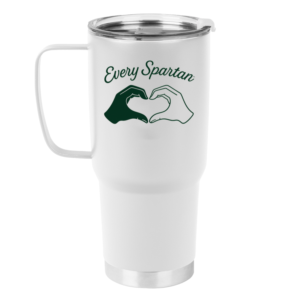 White travel mug with handle and “Every Spartan” text above two flexed arms in green and white