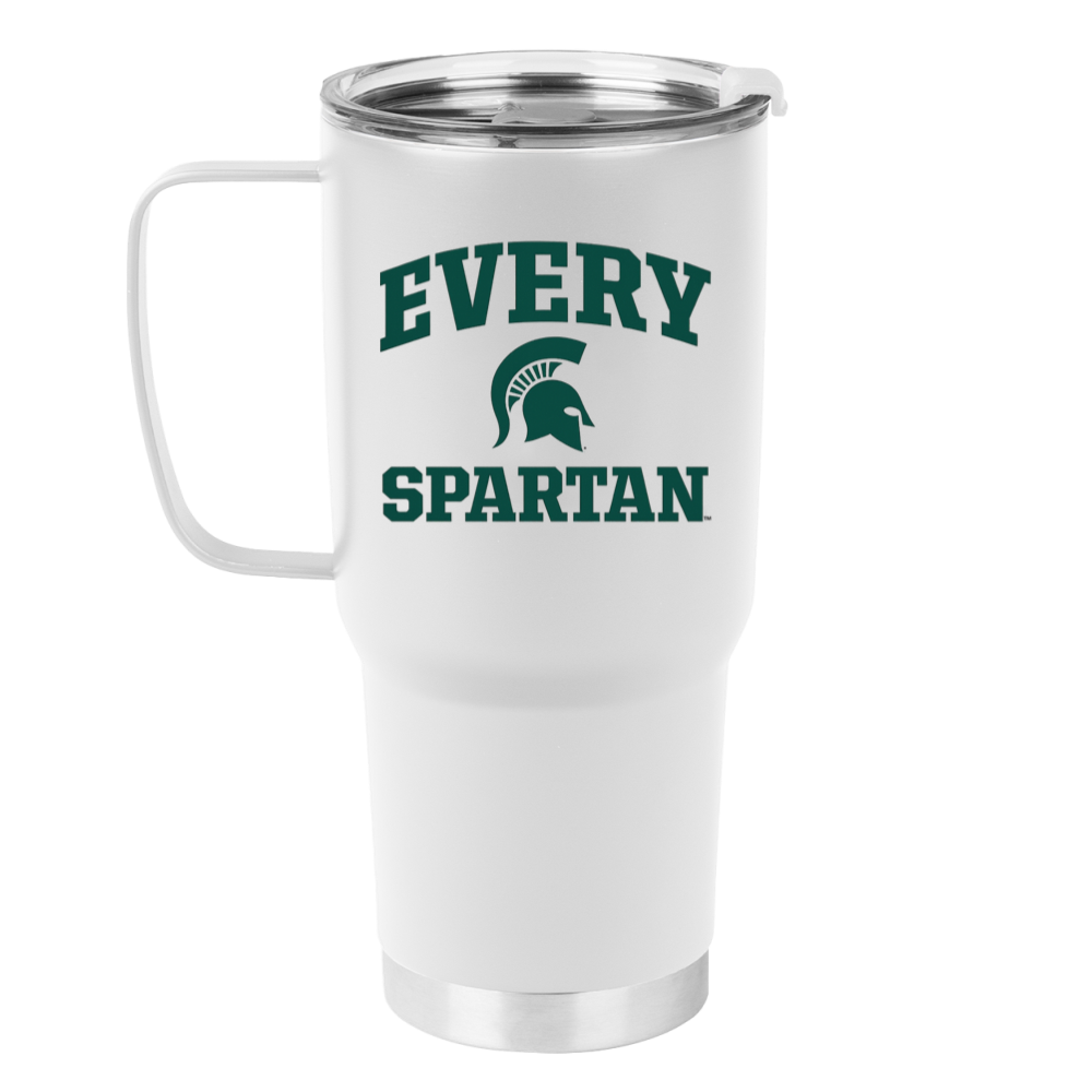 White insulated travel mug with handle, green “EVERY SPARTAN” text and Spartan logo