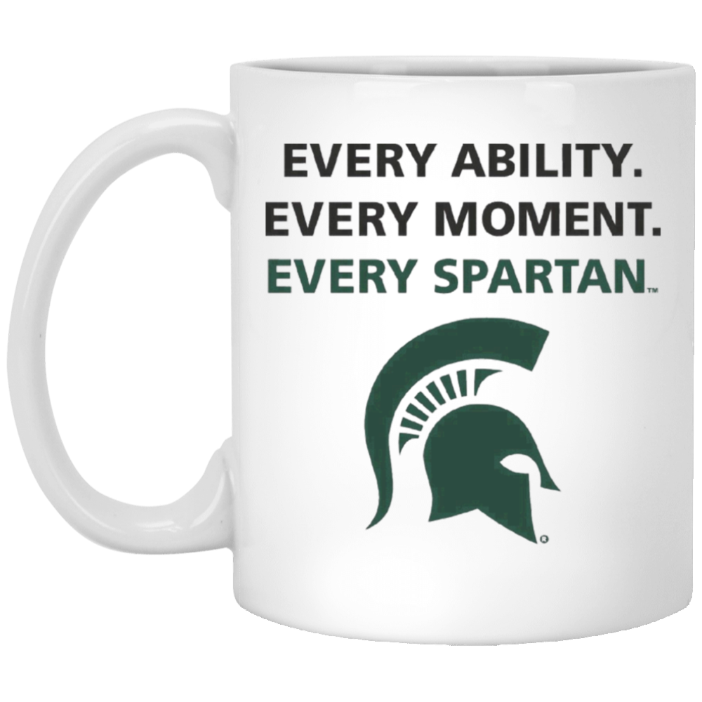 White mug with green Spartan logo and the text “EVERY ABILITY. EVERY MOMENT. EVERY SPARTAN.”