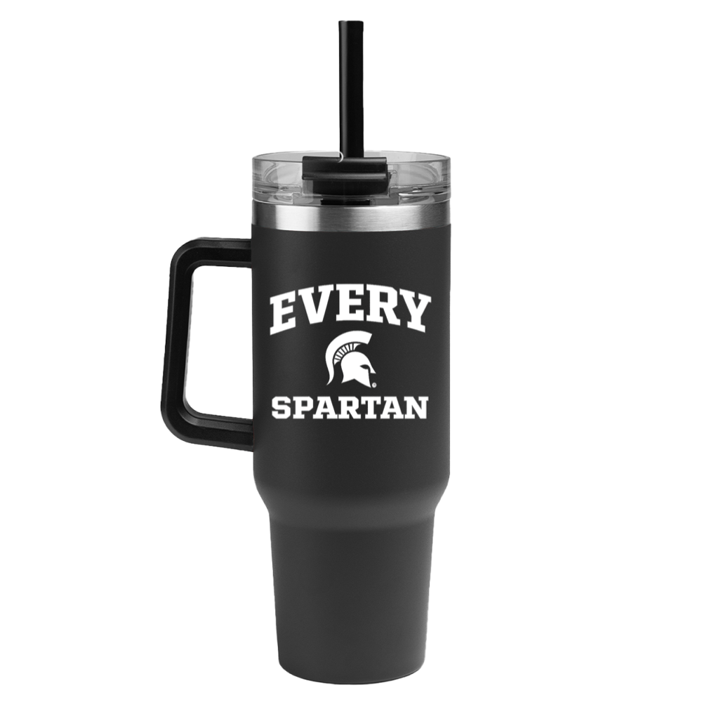 Black insulated tumbler with straw, handle, and “EVERY SPARTAN” logo on the front