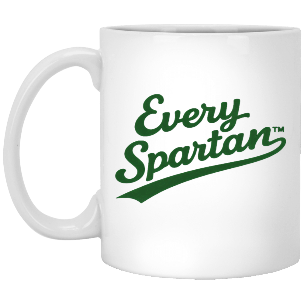 White mug with green “Every Spartan” logo printed on the side.