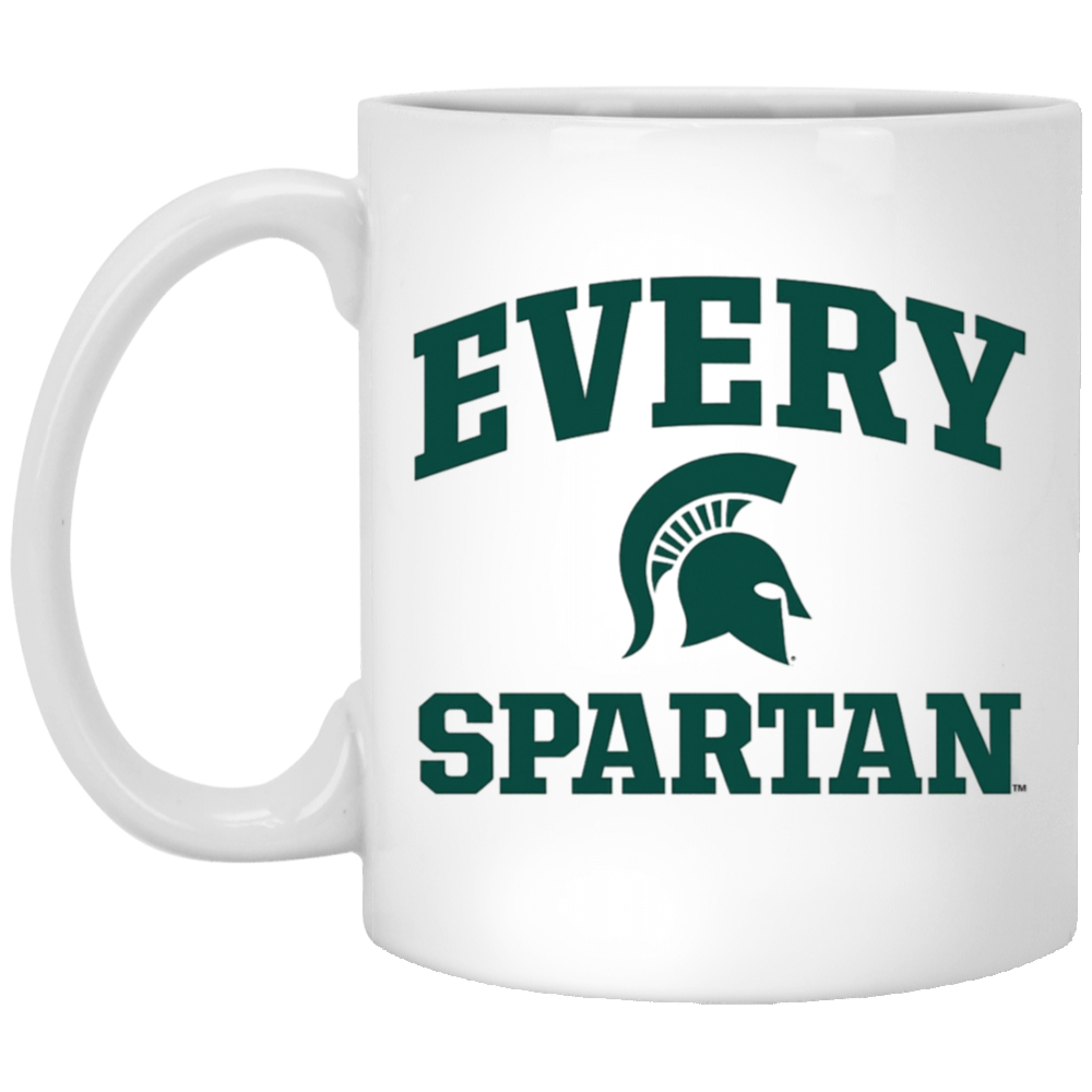 White mug with green “EVERY SPARTAN” text and a Spartan helmet logo.
