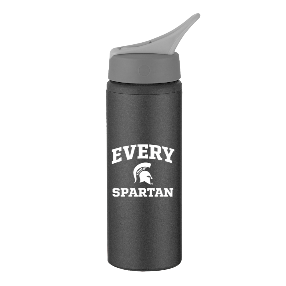 Gray water bottle with “EVERY SPARTAN” logo and Spartan helmet, topped with a flip spout lid