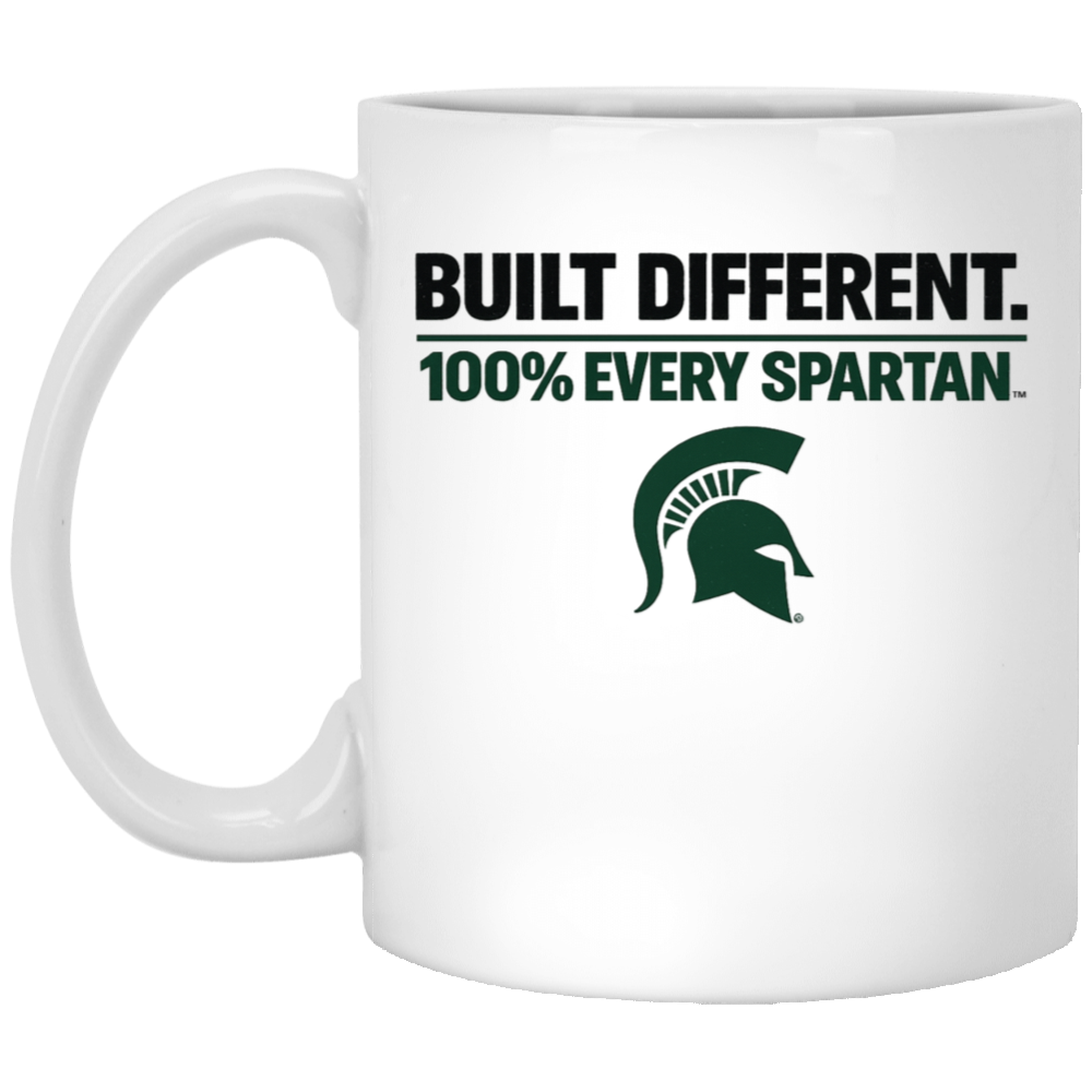 White mug with green Spartan helmet and text: “BUILT DIFFERENT. 100% EVERY SPARTAN.”