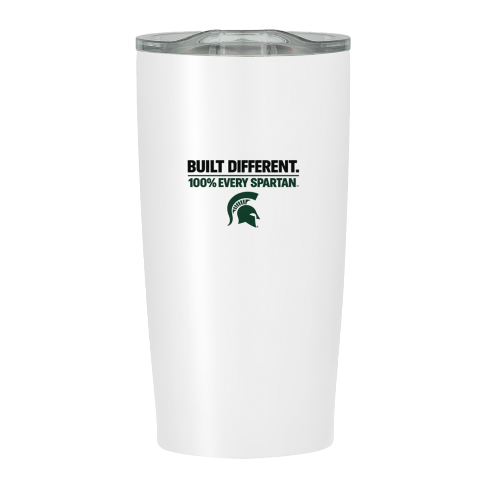 White tumbler with Spartan logo and “Built Different. 100% NEW SPARTAN” text