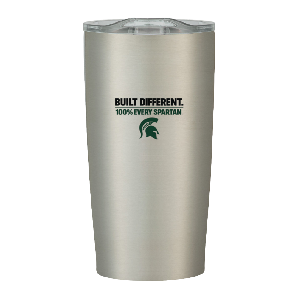 Beige Spartan tumbler with green logo and text reading “Built Different. 100% New Spartan.”