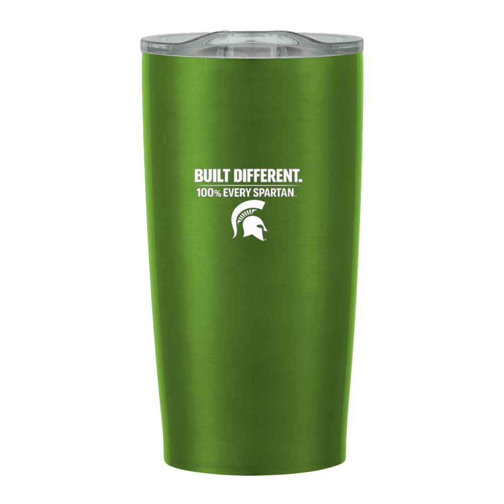 Green insulated tumbler with silver lid and white Spartan logo, labeled “Built Different. 100% Every Spartan”