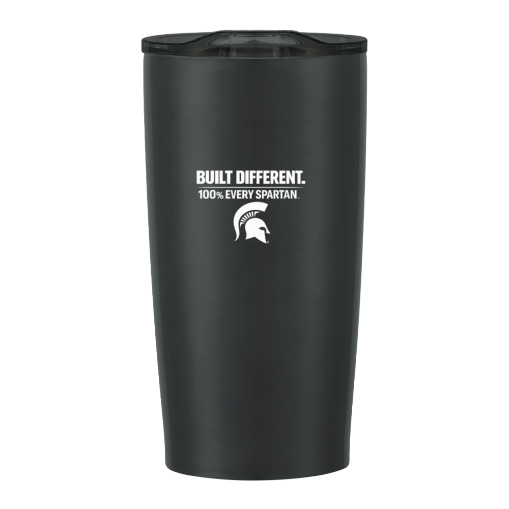 Black insulated tumbler with white Spartan logo and “Built Different. 100% Every Spartan.” text