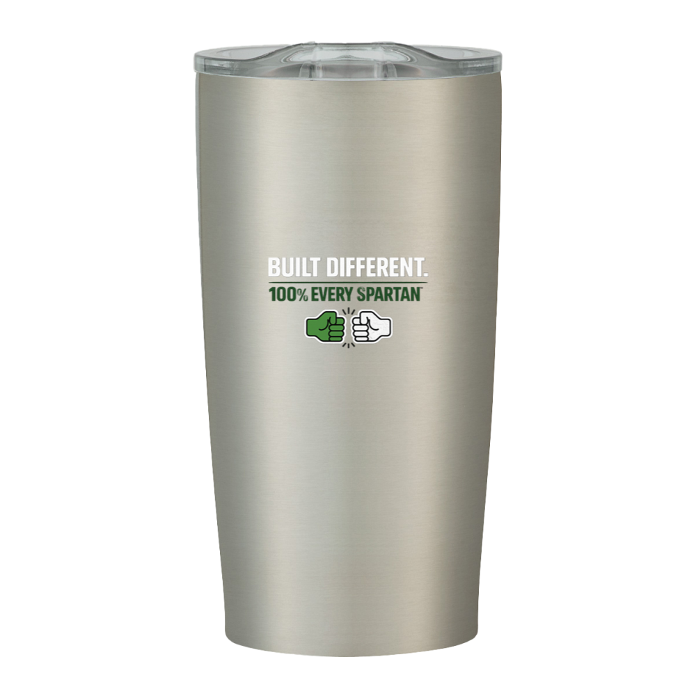 Stainless steel tumbler with “Built Different” and “100% Every Spartan” text and logo