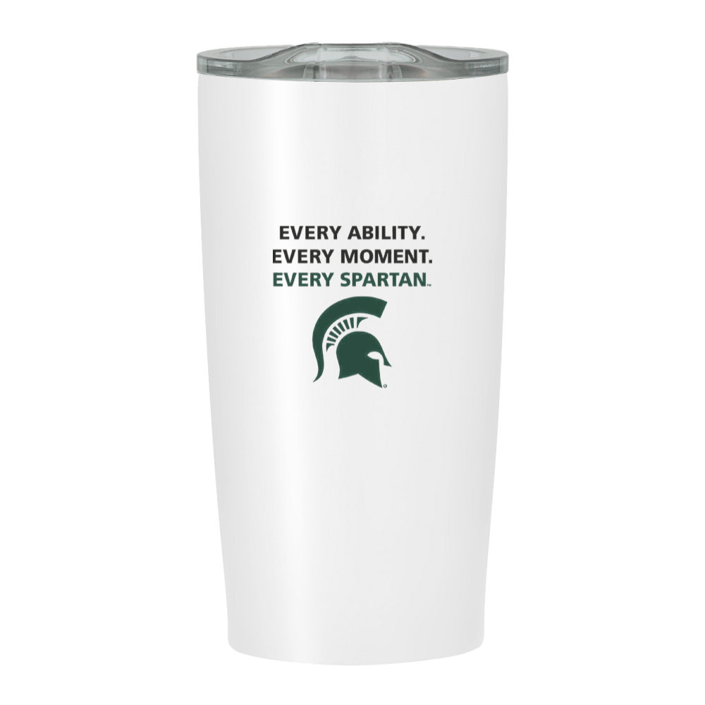 White tumbler with gray lid, “Every Ability. Every Moment. Every Spartan.” text and green Spartan helmet logo.