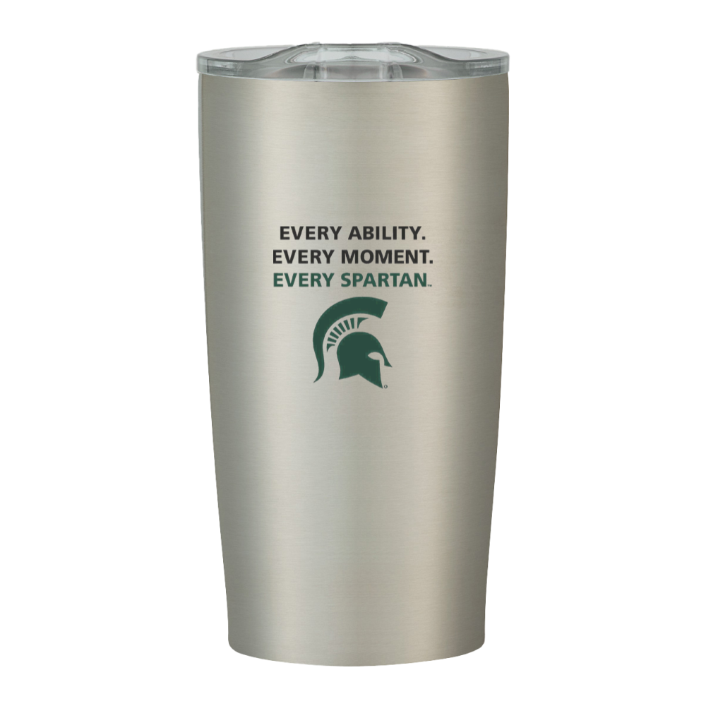 Silver stainless steel tumbler with Spartan logo and “EVERY ABILITY. EVERY MOMENT. EVERY SPARTAN.” text