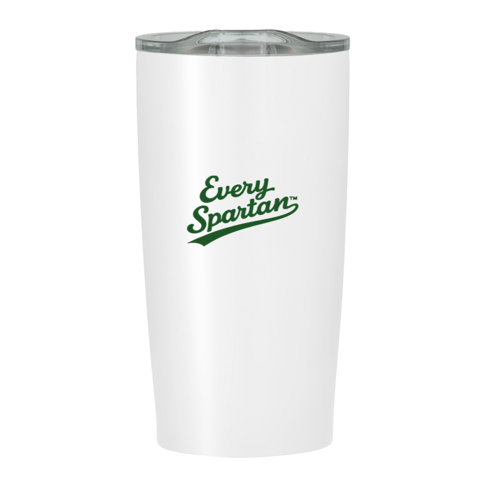 White insulated tumbler with silver lid and green Every Spartan logo