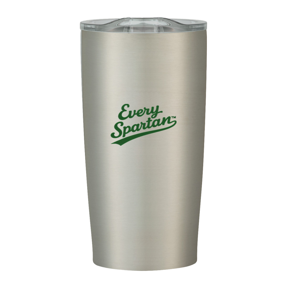 Tall stainless-steel tumbler with green “Every Spartan” logo on the front