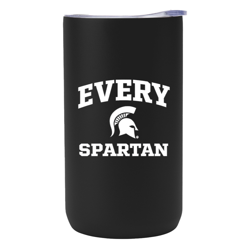 Black insulated tumbler with white “EVERY SPARTAN” text and Spartan helmet logo