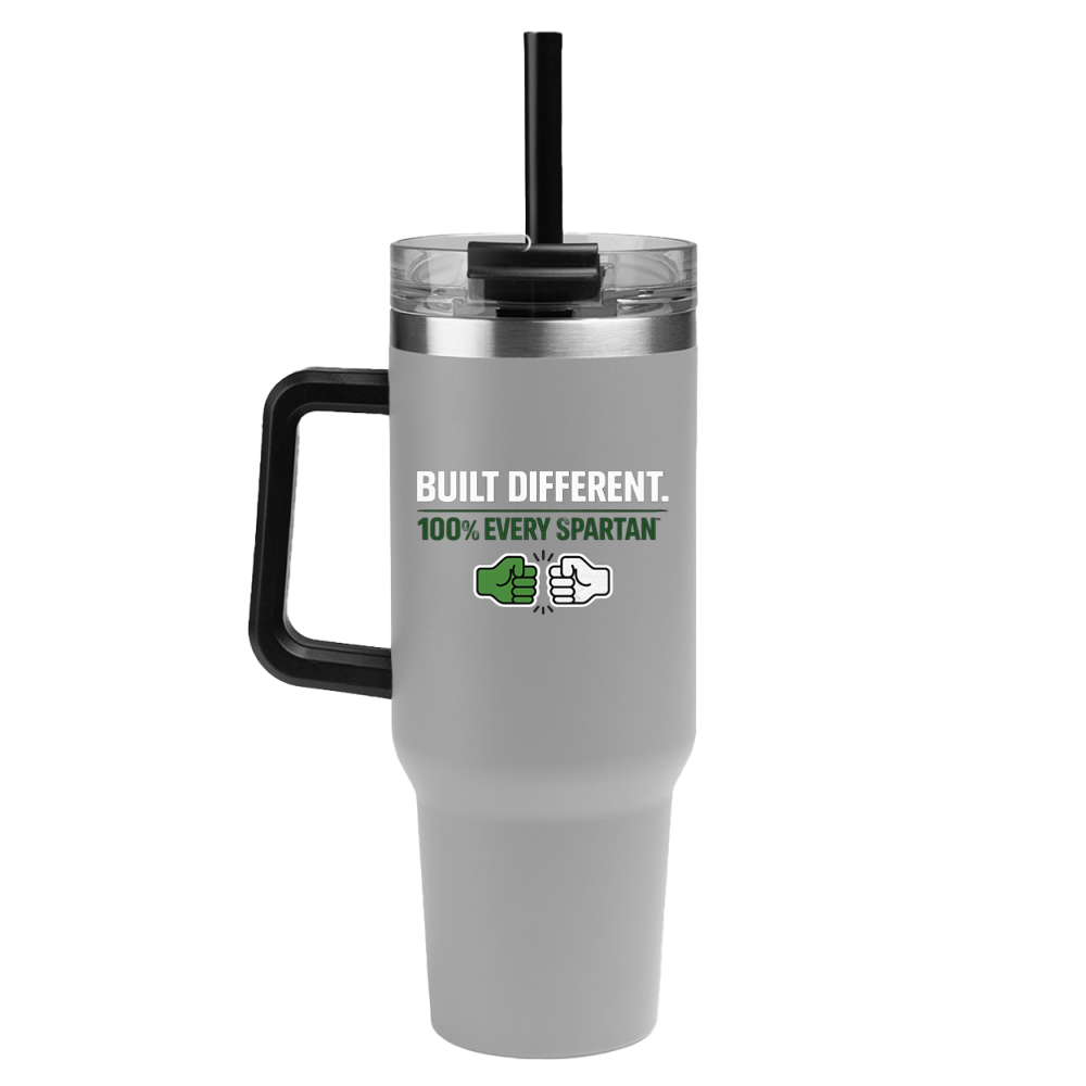 Gray insulated tumbler with black handle, lid, and straw, featuring “Built Different” text and a Spartan logo.