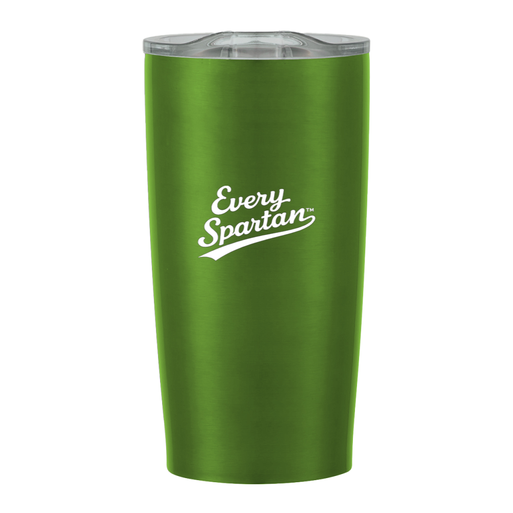 Green insulated tumbler with the Every Spartan logo on a white background
