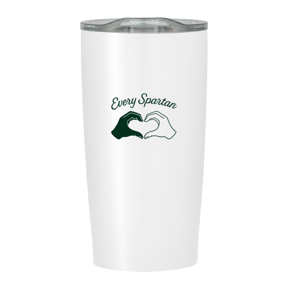 White travel tumbler with “Every Spartan” text and a green-white Spartan hand logo on the front