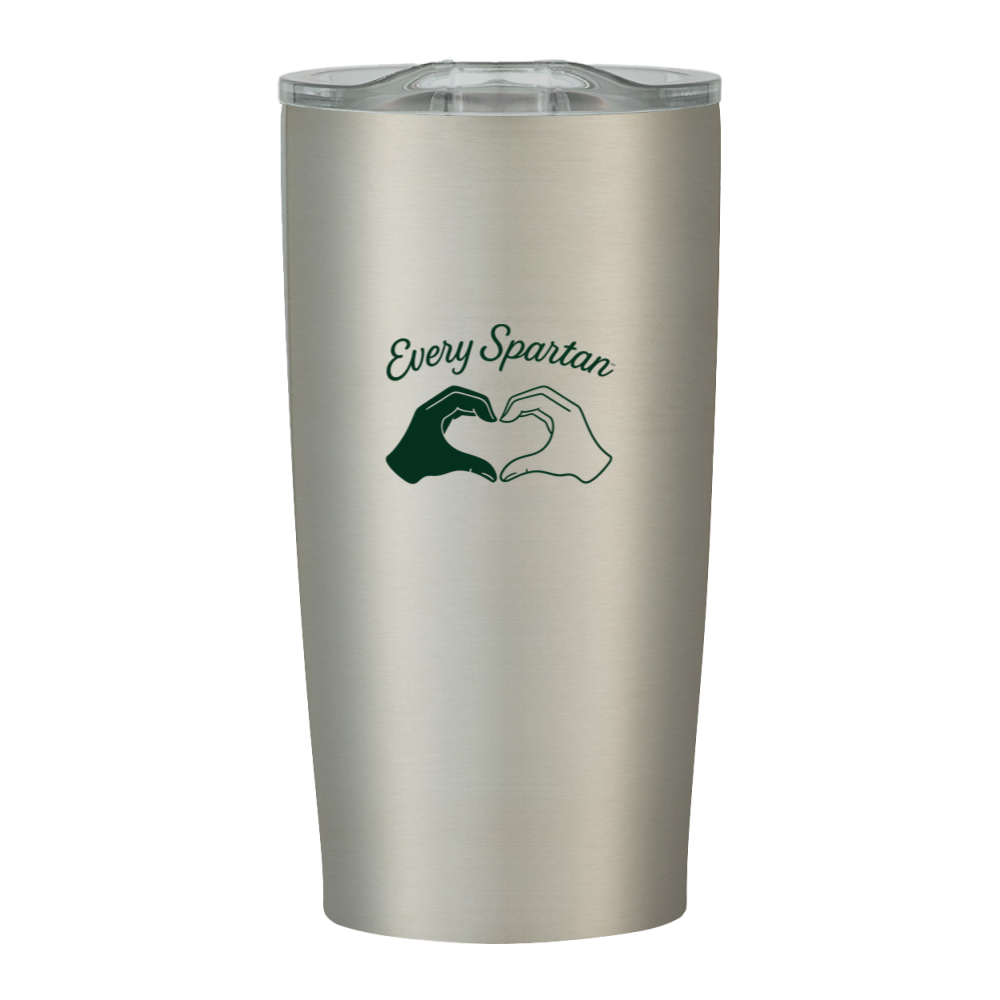 Silver insulated tumbler with “Every Spartan” logo and green heart on the front