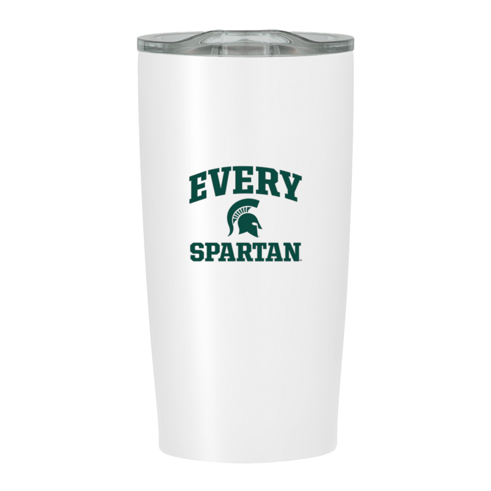 White tumbler with green “EVERY SPARTAN” text and Spartan helmet logo