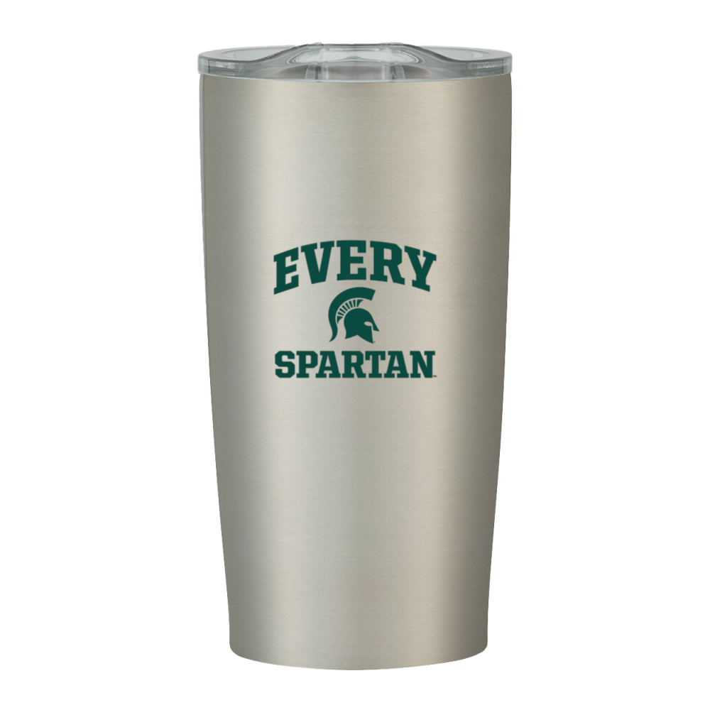 Silver tumbler with green “EVERY SPARTAN” logo on a white background
