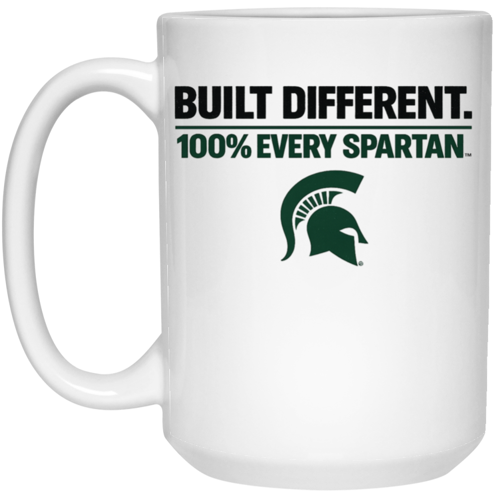 White mug with Spartan helmet logo and text “BUILT DIFFERENT. 100% EVERY SPARTAN.”