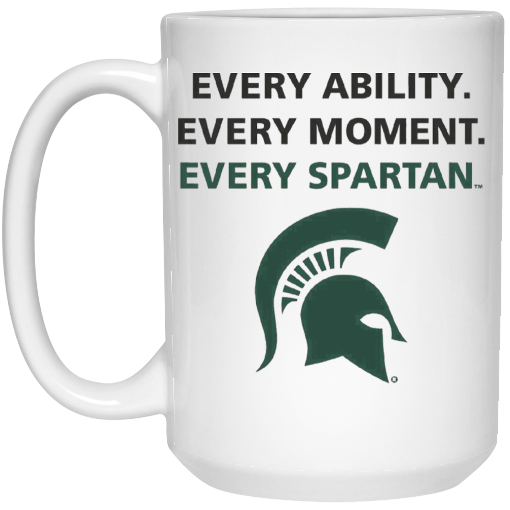 White mug with green Spartan helmet logo and text: “EVERY ABILITY. EVERY MOMENT. EVERY SPARTAN.”