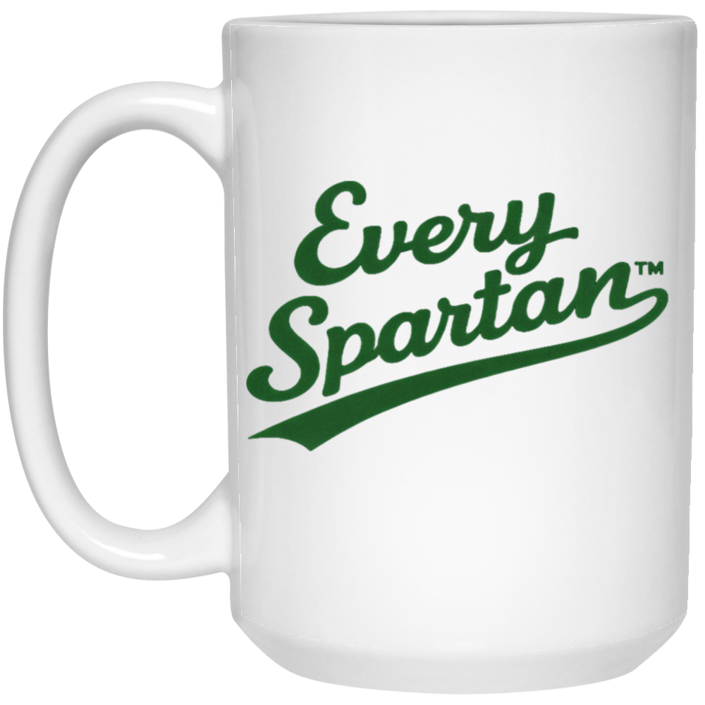 White mug with green “Every Spartan” logo